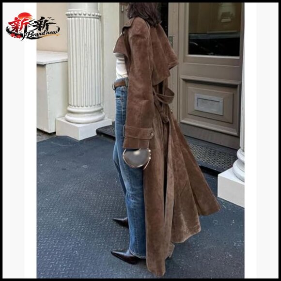 Faux Suede Long Trench Coat Notched Lapel Double Breasted Pea Coat - Picture 5 of 6
